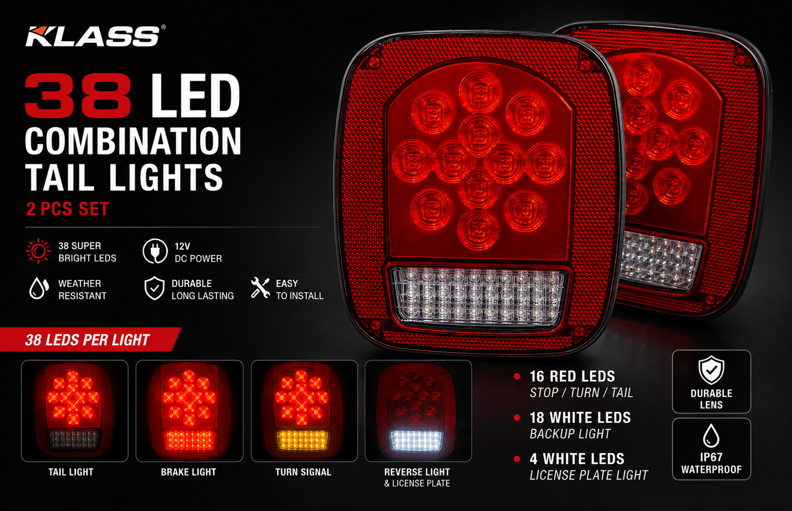 2x Red/White 39 LED Stop Turn Tail Stud Lights Replacement for Jeep CJ YJ JK Truck Trailer Boat RV, Hardwired (ORL012)