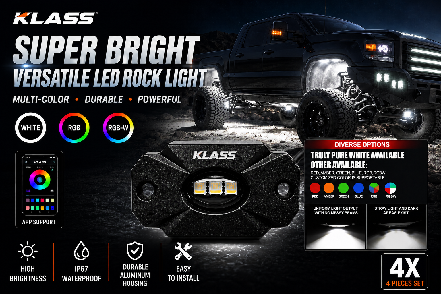 (KLASS) 4 RGB Rock Light Kit — (Model: ORL020)